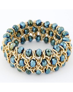 Korean Fashion Crystal Inlaid Metallic Weaving Style Elastic Bracelet - Green