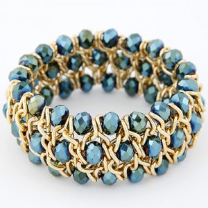 Korean Fashion Crystal Inlaid Metallic Weaving Style Elastic Bracelet - Green