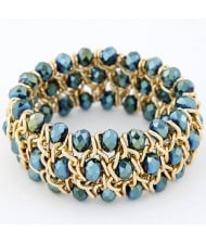 Korean Fashion Crystal Inlaid Metallic Weaving Style Elastic Bracelet - Green