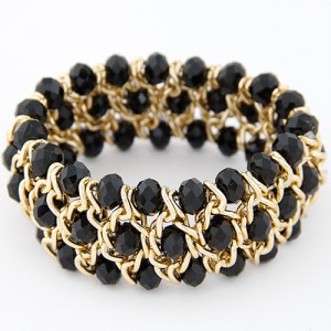 Korean Fashion Crystal Inlaid Metallic Weaving Style Elastic Bracelet - Black