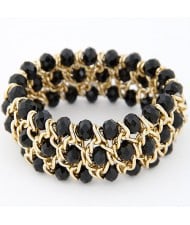 Korean Fashion Crystal Inlaid Metallic Weaving Style Elastic Bracelet - Black