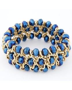 Korean Fashion Crystal Inlaid Metallic Weaving Style Elastic Bracelet - Blue