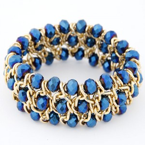 Korean Fashion Crystal Inlaid Metallic Weaving Style Elastic Bracelet - Blue