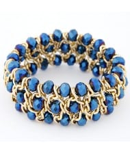 Korean Fashion Crystal Inlaid Metallic Weaving Style Elastic Bracelet - Blue