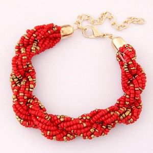 Bohemian Fashion Mini Beads with Golden Beads Decorated Bracelet - Red