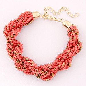 Bohemian Fashion Mini Beads with Golden Beads Decorated Bracelet - Pink