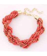 Bohemian Fashion Mini Beads with Golden Beads Decorated Bracelet - Pink