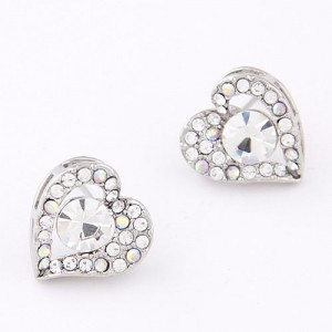 Korean Fashion Czech Rhinestone Embedded Sweet Peach Heart Shape Earrings - Silver