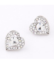 Korean Fashion Czech Rhinestone Embedded Sweet Peach Heart Shape Earrings - Silver