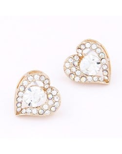 Korean Fashion Czech Rhinestone Embedded Sweet Peach Heart Shape Earrings - Golden