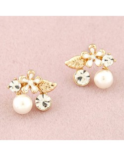 Korean Fashion Czech Rhinestone and Pearl Embellished Flower and Leave Ear Studs - White
