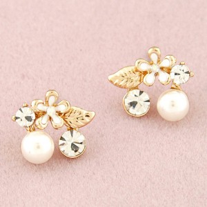 Korean Fashion Czech Rhinestone and Pearl Embellished Flower and Leave Ear Studs - White