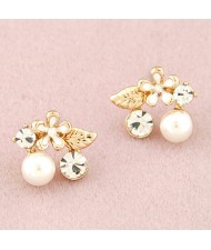 Korean Fashion Czech Rhinestone and Pearl Embellished Flower and Leave Ear Studs - White