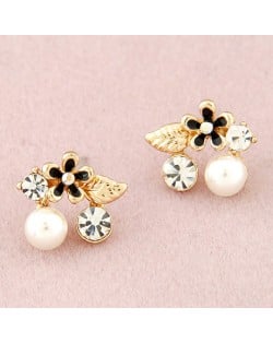 Korean Fashion Czech Rhinestone and Pearl Embellished Flower and Leave Ear Studs - Black