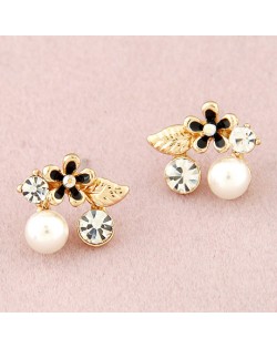Korean Fashion Czech Rhinestone and Pearl Embellished Flower and Leave Ear Studs - Black
