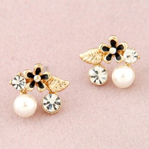 Korean Fashion Czech Rhinestone and Pearl Embellished Flower and Leave Ear Studs - Black
