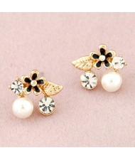 Korean Fashion Czech Rhinestone and Pearl Embellished Flower and Leave Ear Studs - Black