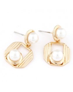 Unique Pearls Decorated Golden Hollow Square Pendant Earrings