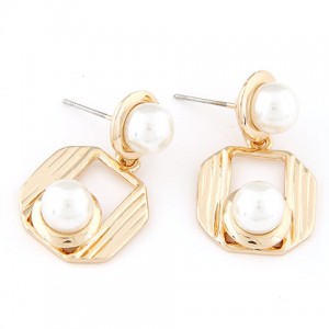 Unique Pearls Decorated Golden Hollow Square Pendant Earrings