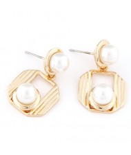 Unique Pearls Decorated Golden Hollow Square Pendant Earrings