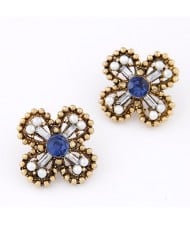 Vintage Studs Rim Cross Design Ear Studs - Blue