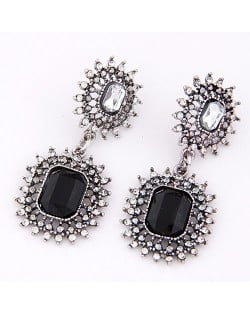 Rhinestone and Square Gem Inlaid Dual Hollow Chained Button Design Dangling Earrings - Black
