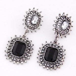 Rhinestone and Square Gem Inlaid Dual Hollow Chained Button Design Dangling Earrings - Black