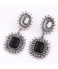 Rhinestone and Square Gem Inlaid Dual Hollow Chained Button Design Dangling Earrings - Black