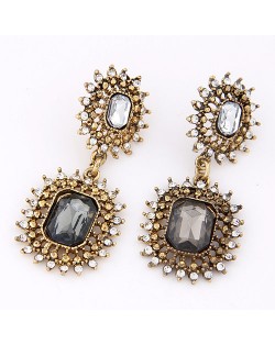 Rhinestone and Square Gem Inlaid Dual Hollow Chained Button Design Dangling Earrings - Gray