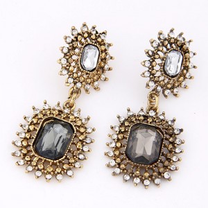 Rhinestone and Square Gem Inlaid Dual Hollow Chained Button Design Dangling Earrings - Gray