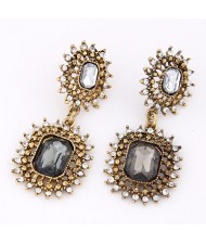 Rhinestone and Square Gem Inlaid Dual Hollow Chained Button Design Dangling Earrings - Gray