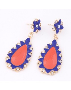 Rhinestone Decorated Oil-spot Glazed Cartoon Fashion Waterdrop and Flower Dangling Earrings - Red and Blue