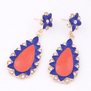 Rhinestone Decorated Oil-spot Glazed Cartoon Fashion Waterdrop and Flower Dangling Earrings - Red and Blue