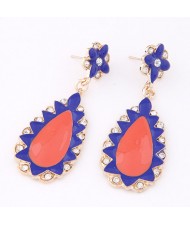 Rhinestone Decorated Oil-spot Glazed Cartoon Fashion Waterdrop and Flower Dangling Earrings - Red and Blue