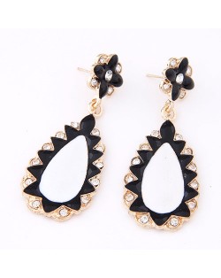 Rhinestone Decorated Oil-spot Glazed Cartoon Fashion Waterdrop and Flower Dangling Earrings - White and Black