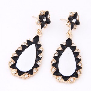 Rhinestone Decorated Oil-spot Glazed Cartoon Fashion Waterdrop and Flower Dangling Earrings - White and Black
