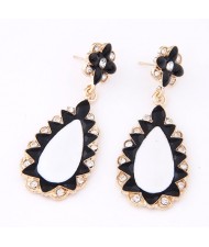 Rhinestone Decorated Oil-spot Glazed Cartoon Fashion Waterdrop and Flower Dangling Earrings - White and Black