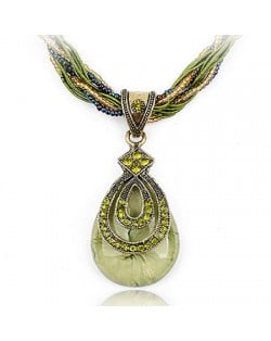 Bohemian Style Rhinestone Decorated Vintage Waterdrop Pendant Mini Beads and Threads Weaving Necklace - Green