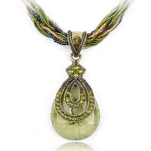 Bohemian Style Rhinestone Decorated Vintage Waterdrop Pendant Mini Beads and Threads Weaving Necklace - Green