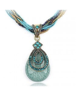 Bohemian Style Rhinestone Decorated Vintage Waterdrop Pendant Mini Beads and Threads Weaving Necklace - Blue