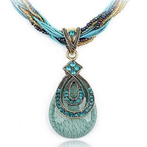 Bohemian Style Rhinestone Decorated Vintage Waterdrop Pendant Mini Beads and Threads Weaving Necklace - Blue