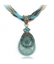 Bohemian Style Rhinestone Decorated Vintage Waterdrop Pendant Mini Beads and Threads Weaving Necklace - Blue