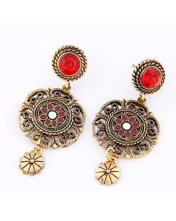 Rotary Flower Button with Vintage Hollow Floral Pendant Dangling Earrings - Red