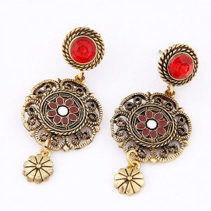 Rotary Flower Button with Vintage Hollow Floral Pendant Dangling Earrings - Red