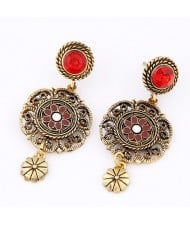 Rotary Flower Button with Vintage Hollow Floral Pendant Dangling Earrings - Red
