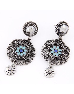Rotary Flower Button with Vintage Hollow Floral Pendant Dangling Earrings - Blue