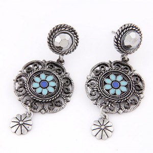 Rotary Flower Button with Vintage Hollow Floral Pendant Dangling Earrings - Blue