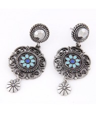 Rotary Flower Button with Vintage Hollow Floral Pendant Dangling Earrings - Blue