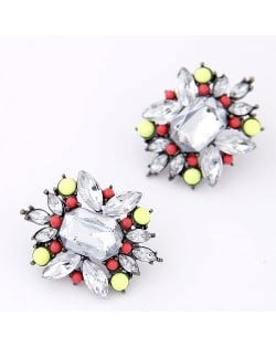 Resin Gem Jointed Fluorescent Color Beads Decorated Ear Studs - Red and Yellow