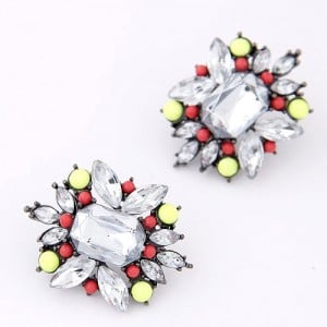 Resin Gem Jointed Fluorescent Color Beads Decorated Ear Studs - Red and Yellow